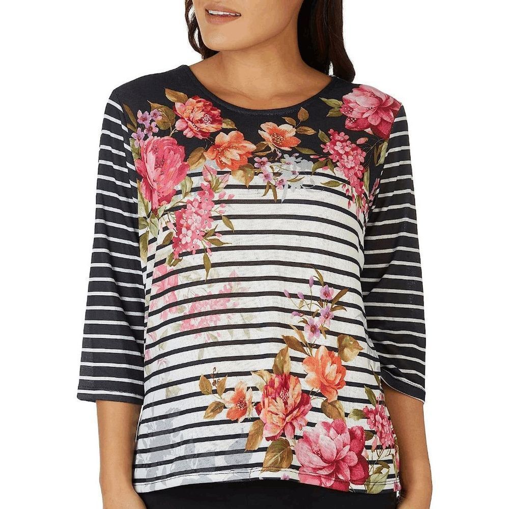 Alfred Dunner Women's Womens Crewneck 3/4 Sleeve Contrast Knit Top Medium